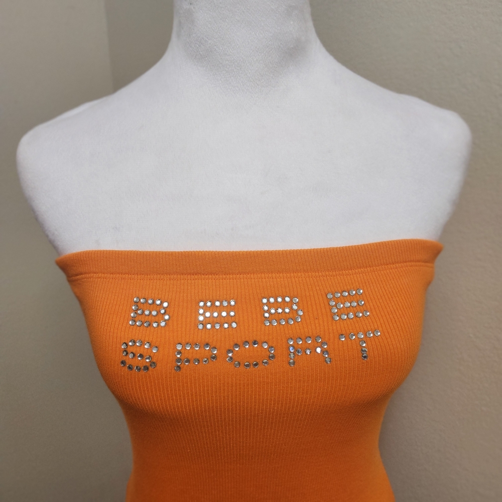 💐Vtg Y2K Bebe Sport Tube Top L Orange Ribbed Rhinestone Bling USA Deadstock - Picture 5 of 14